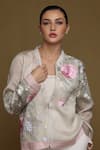 Buy_SHRIYA SOM_Off White Organza Embroidered Thread Work Placement Bomber Jacket  _at_Aza_Fashions