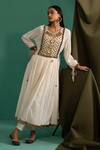 Buy_5elements_Off White 100% Cotton With Silk Brocade Yoke Ghungroo Anarkali And Pant Set _at_Aza_Fashions