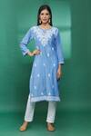 Buy_The Chikankarists_Blue Denim Cotton Floral Chikankari Kurta_at_Aza_Fashions