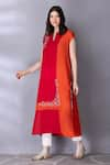 Buy_Tanu Malhotra_Red Cotton Linen Embroidered Floral Colour Block Tunic With Pant  _at_Aza_Fashions