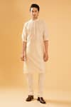 Buy_Raghavendra Rathore Blue_Off White Raw Silk Band Collar Kurta _at_Aza_Fashions