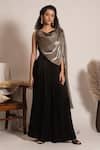 Buy_Vanshika Agarwal Label_Black Lining Taffeta Plain Asymmetric Neck Barbara Draped Top And Pant Set _at_Aza_Fashions