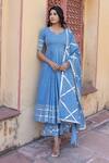 Buy_Pomcha Jaipur_Blue Cotton Gota Patti Floral Print Anarkali Set _at_Aza_Fashions