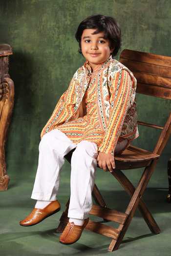 Buy_Littlecheer_Multi Color Satin, Viscose, Gota Printed Nehru Jacket And Kurta Set _at_Aza_Fashions