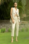 Buy_Label Ruhbab_Beige Pure Linen Embroidery Silk Thread Floral Jacket And Pant Set  _at_Aza_Fashions