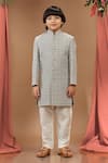 Buy_Kora By Nilesh Mitesh_Grey Silk Embroidered Thread Work Sherwani Set _at_Aza_Fashions