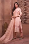 Buy_Geetika Jain_Peach Kurta  Slub Silk Hand Embroidered Floral Sequins Pant Set  _at_Aza_Fashions