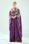 Buy_Rajdeep Ranawat_Purple Silk Printed Geometric V Neck Imama Jewelled Waist Kaftan  _at_Aza_Fashions