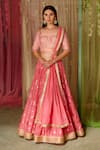 Buy_Shyam Narayan Prasad_Coral Brocade Embroidered Zardozi Sweetheart Neck Pattern Bridal Lehenga Set _at_Aza_Fashions