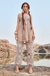 Buy_Nandita Thirani_Beige Lycra Sweetheart Neck Strappy Sheer Kurta And Crochet Pant Set  _at_Aza_Fashions