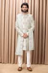 Buy_Ankit V Kapoor_Green Raw Silk Embroidery Zardozi Lahore Bouquet Sherwani Set _at_Aza_Fashions