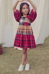 Buy_Bagichi_Red Cotton Flannel Check Floral Gisele Puff Sleeve Dress  _at_Aza_Fashions