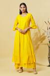 Buy_Samyukta Singhania_Yellow Cotton Embroidery Chikankari Round Neck Work Dress _at_Aza_Fashions