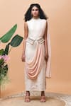 Buy_Rishi and Vibhuti_Pink Linen Plain Round High Neck Afreen Neckline Embroidered Draped Dress _at_Aza_Fashions