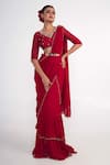 Buy_Merge Design_Red Saree  Georgette Embroidered Mirror V Neck Ruffle Pre-draped Set _at_Aza_Fashions