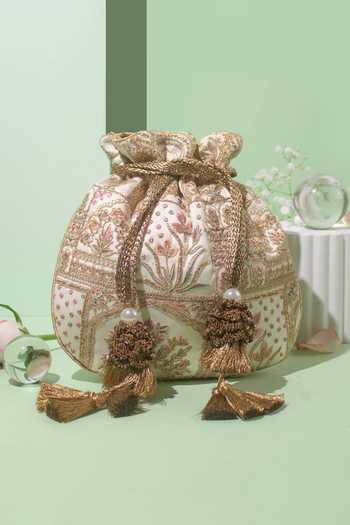 Buy_Amyra_Off White Embroidery, Tassels Amer Flower Vine Potli Bag _at_Aza_Fashions