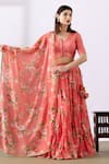 Abbaran_Pink Chanderi Printed Floral V Neck Lehenga Set _at_Aza_Fashions