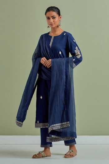 Buy_Priya Chaudhary_Blue Cotton, Kota Doria Embroidery Round Neck Kurta Set With Dupatta _at_Aza_Fashions