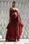 Buy_Rohit Gandhi + Rahul Khanna_Red Tulle Embellishment Organza Frays Sweetheart Spire Fringe Jacket And Skirt Set _at_Aza_Fashions