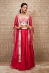 Buy_Prisho_Red Cape And Skirt Organza Embroidery Thread Chaniwa Waistband Lehenga Set With _at_Aza_Fashions