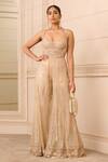 Buy_Tarun Tahiliani_Beige Tulle Embroidery Thread Leaf Neck Floral Wide Leg Jumpsuit _at_Aza_Fashions