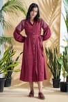 Buy_Pants and Pajamas_Wine Kala Cotton Hand Embroidered Stitch Lines Gudhal Balloon Sleeve Dress _at_Aza_Fashions