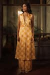 Buy_Suave_Orange Denim, Chiffon Embroidery V-neck, Bloom Print Trench Jacket Pant Set _at_Aza_Fashions