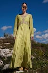 Buy_Shruti Sancheti_Green Crepe Printed Floral V Neck And Embroidered Maxi Dress _at_Aza_Fashions