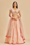 Buy_Nitika Gujral_Pink Lehenga And Blouse Georgette Embroidery Floral Plunge Checkered Pattern Set _at_Aza_Fashions