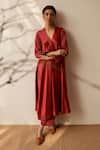 Shop_Dot_Red Maheshwari, Silk, Cotton V-neck Striped Angrakha Kurta And Pant Set _Online_at_Aza_Fashions