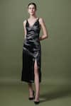 Buy_Shriya Khanna_Black Velvet Satin Cord V Neck High Slit Dress  _at_Aza_Fashions