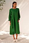 Buy_Kharakapas_Green Linen Embroidered Running Stitches Round Late Spring Midi Dress  _at_Aza_Fashions