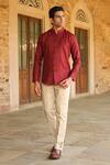 Buy_Raw & Rustic By Niti Bothra_Red 60 Lea, European Flax Certified Mandarin Collar Handcrafted Straight Shirt_at_Aza_Fashions