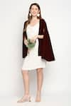 Buy_Monk & Mei_Maroon Velvet Embroidered Sequins Dress Cowl Cape Open Arzu With _at_Aza_Fashions