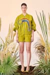 Buy_Shahin Mannan_Green Denim Elasticated Detail Balloon Sleeve Bomber Jacket And Shorts  _at_Aza_Fashions