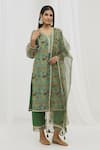 Buy_Yuvrani Jaipur_Green Chanderi Floral V Neck Straight Pattern Kurta Set _at_Aza_Fashions