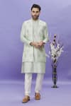 Buy_Aryavir Malhotra_Green Art Banarasi Silk Embroidered Thread Kurta Set With Long Bundi _at_Aza_Fashions