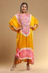 Buy_Etasha by Asha Jain_Yellow Gajji Silk Embroidered Bandhani Round Embellished Pattern Kaftan _at_Aza_Fashions