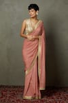 Buy_RI.Ritu Kumar_Pink Silk Print Bandhani V Neck Sohini Saree With Sleeveless Blouse _at_Aza_Fashions