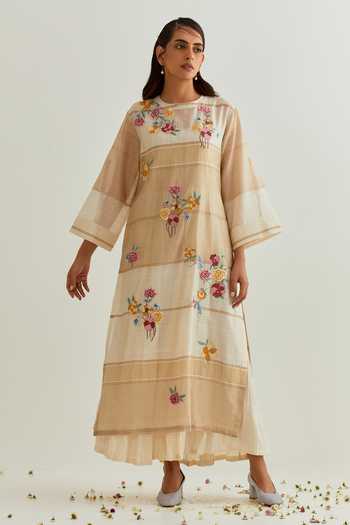 Buy_Prama By Pratima Pandey_Beige Chanderi Embroidery Round Neck Floral Block Print Dress With Inner _at_Aza_Fashions