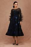 Buy_Shriya Som_Black Tulle Sequins, Beads, Feathers Boat Neck Floral Embroidered Dress _at_Aza_Fashions