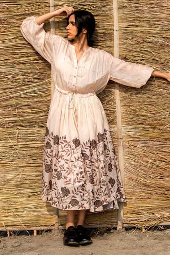 Buy_Ayaka_Ivory Cotton, Viscose Embroidery Mandarin Collar Floral Block Print Dress _at_Aza_Fashions