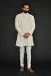 Buy_SAMMOHAN CEREMONIAL_Beige Vis Silk And Spun  Lining 100% Front Flap Kurta Set_at_Aza_Fashions