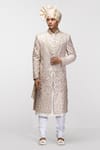 Buy_Asuka_Beige Chanderi Silk Embroidery Sequins Floral Sherwani Set _at_Aza_Fashions