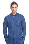 Buy_Rohit Gandhi + Rahul Khanna_Blue Linen Double Flap Pocket Shirt _at_Aza_Fashions