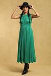 Buy_Ritu Kumar_Green Crepe Round Neck Cinched Waist Midi Dress_at_Aza_Fashions