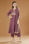 Buy_OMI_Purple Cotton Embroidery Split V-neck Placement Leaf Vine Kurta Set _at_Aza_Fashions