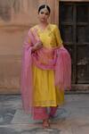 Buy_Yati_Yellow Kurta  Silk Chanderi Hand Embroidered Zardosi V Neck A-line Set_at_Aza_Fashions