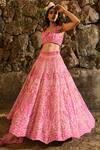 Buy_House of Exotique_Pink Net Sequins, Crystals Round Neck Floral Embroidered Bridal Lehenga Set _at_Aza_Fashions