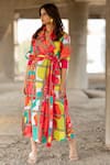 Buy_Pooja-Keyur_Multi Cotton Satin Print Splash Abstract Trench Dress  _at_Aza_Fashions